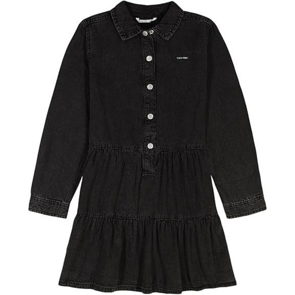 Calvin Klein Girls' Denim Dress Size 16 Black/Noire Short Sleeve Chambray Button